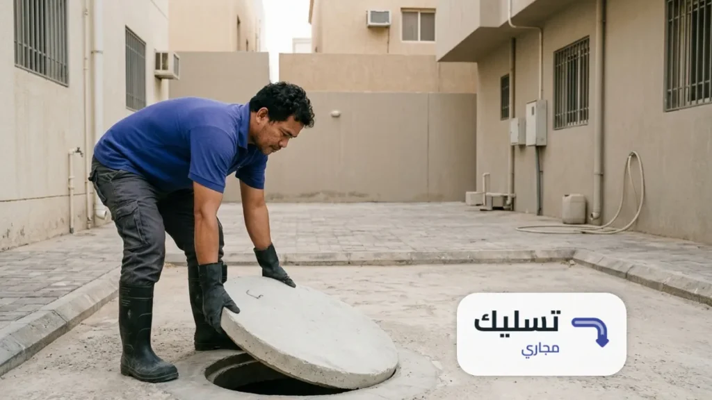 عامل بحذاء مطاطي يعيد غطاء خرساني نظيفا فوق فتحة البيارة في فناء مكنوس، شركة تنظيف بيارات بالرياض