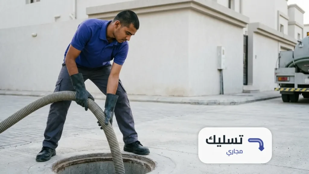 عامل بقفازات يوجه خرطوم الشفط داخل فتحة بيارة خرسانية دائرية، شركة شفط بيارات بالرياض