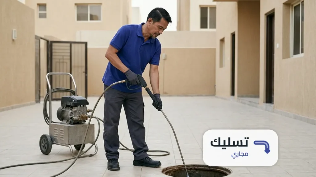 فني من شركة تسليك مجاري بالرياض يمسك خرطوم ضغط الماء داخل غرفة تفتيش في فناء فيلا وبجانبه جهاز الضغط على عربة