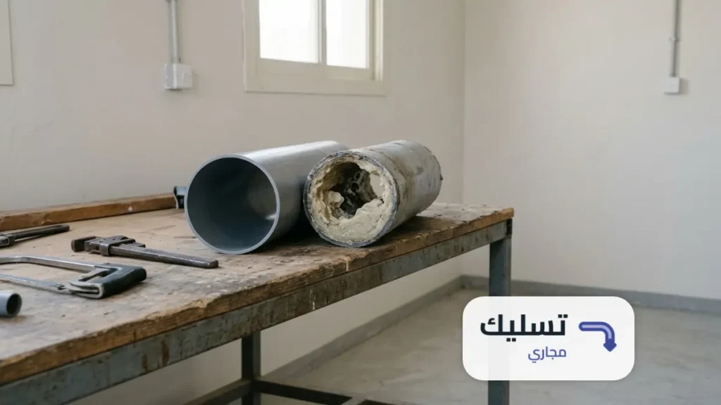 قطعة ماسورة صرف قديمة ضاقت بسبب تراكم الدهون بجانب ماسورة جديدة نظيفة ضمن طريقة إزالة الدهون من مواسير الصرف