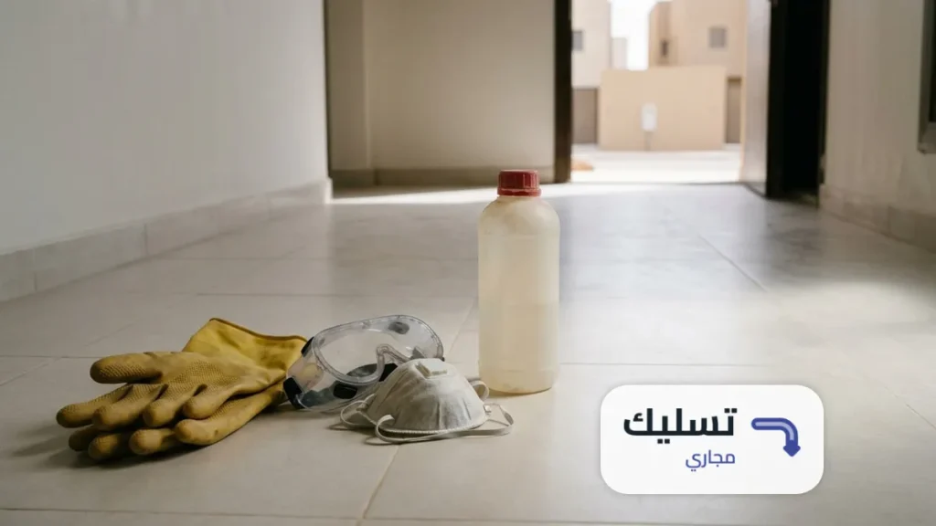 نظارات واقية وقفازات مطاطية سميكة وكمامة بجانب عبوة مادة كيميائية على أرضية بلاط ضمن طريقة تسليك المجاري بالاسيد
