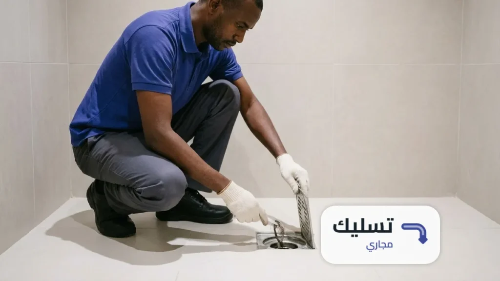قفازات ترفع غطاء بلاعة أرضية الحمام وتسحب تكتل شعر بأداة بلاستيكية في طريقة تسليك مجاري الحمامات