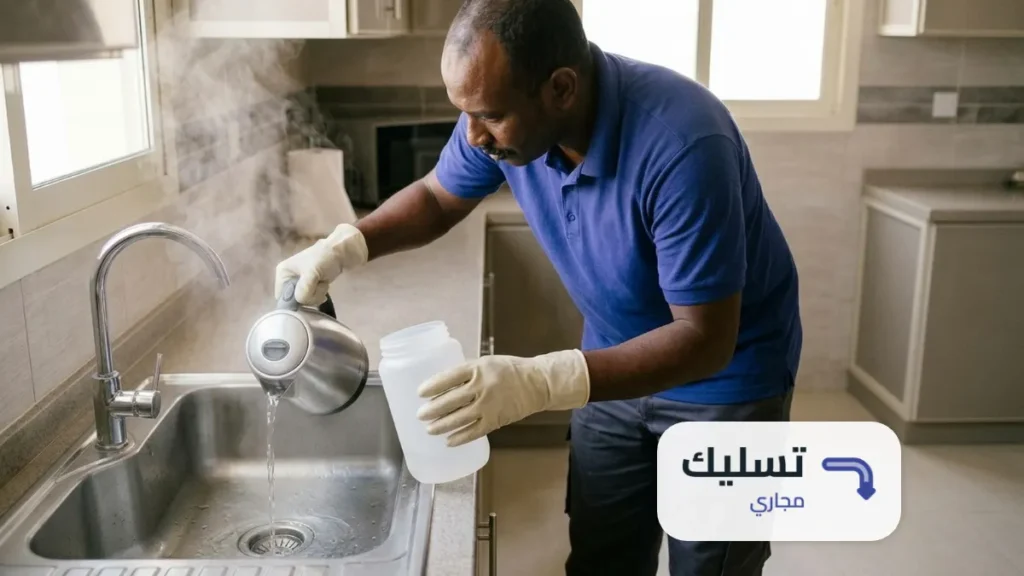 ماء ساخن يُسكب من غلاية في فتحة حوض المطبخ ويد بقفاز تمسك عبوة بجانبها ضمن طريقة تسليك المجاري بالفلاش