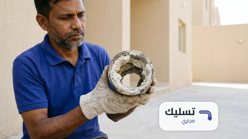 رواسب كلس بيضاء داخل ماسورة صرف قديمة في يد مرتدية قفاز ضمن طريقة تسليك المجاري من الكلس