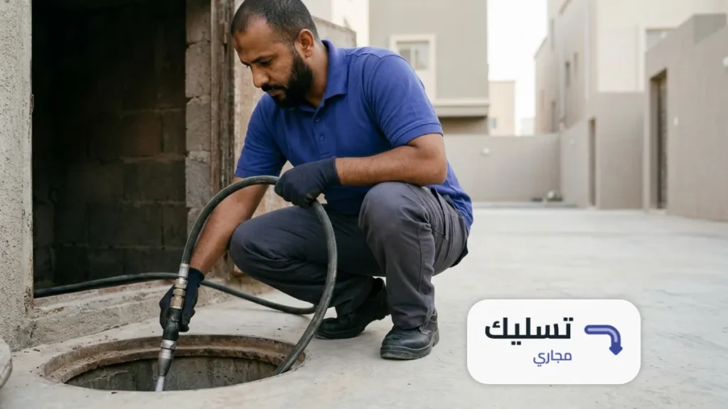 رأس نفاث وخرطوم يدخلان فتحة دائرية داخل غرفة تفتيش في طريقة تسليك المجاري بالضغط