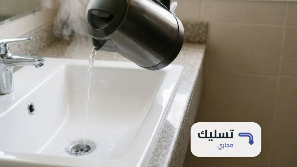 غلاية كهربائية تسكب ماء ساخن في فتحة حوض حمام ضمن طريقة تسليك المجاري بالملح