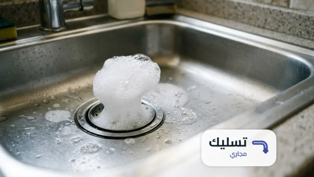فقاعات بيضاء من صودا الخبز والخل تتصاعد من فتحة حوض المطبخ في طريقة تسليك المجاري بالصودا
