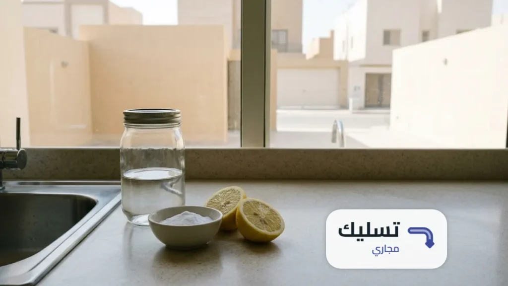 برطمان خل أبيض وصحن صودا خبز وليمون مقطوع نصفين بجانب حوض مطبخ ستانلس في طريقة تسليك المجاري بالخل