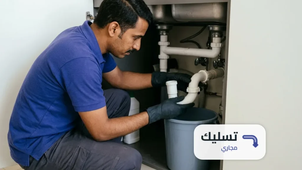 قفازات تفك السيفون تحت حوض المطبخ وتفرغه في دلو ضمن طريقة تسليك مواسير صرف المطبخ