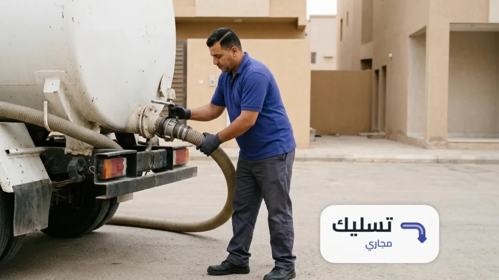 عامل يوصل قارن خرطوم الشفط بالصمام الخلفي لسيارة وايت، وايت شفط صرف صحي الرياض