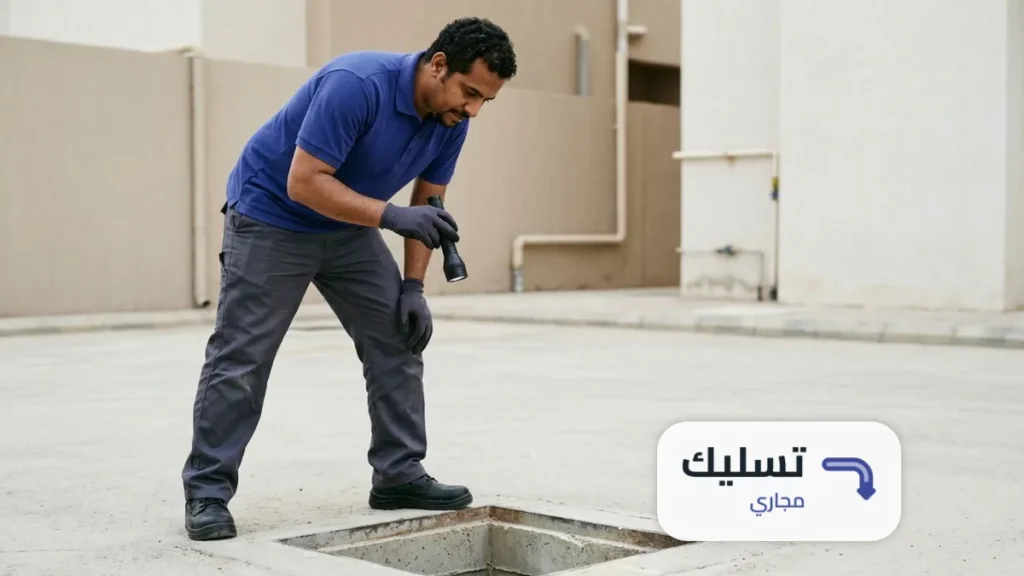 فني يوجّه كشافاً داخل غرفة تفتيش ضمن خدمة شركة تسليك مجاري بالاحساء