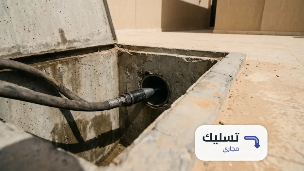 أداة تسليك بالضغط تدخل فتحة ماسورة ضمن خدمة شركة تسليك مجاري بالدمام