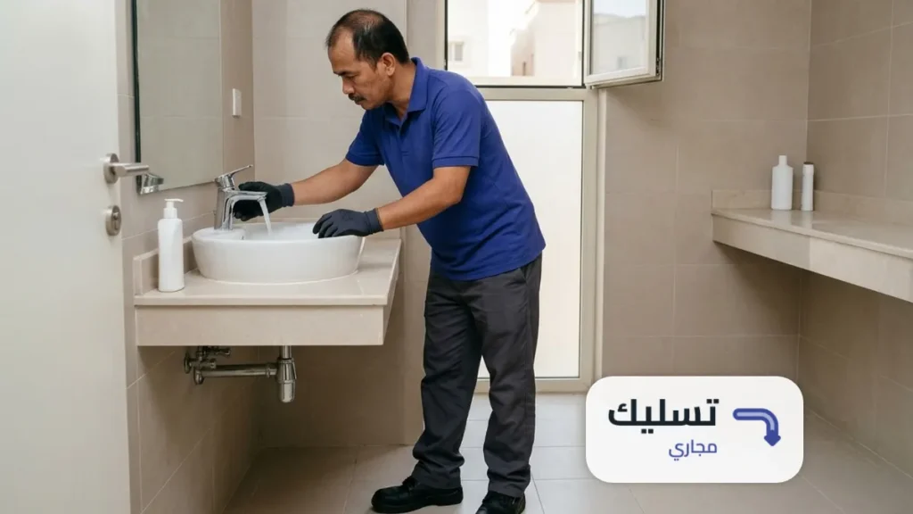 فني من شركة تسليك مجاري بالجبيل يفحص تصريف الماء في حوض الحمام بعد التسليك