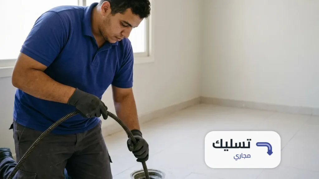 فني بقفازات يدخل كيبل التسليك في مصرف أرضية ضمن خدمة شركة تسليك مجاري بالخبر