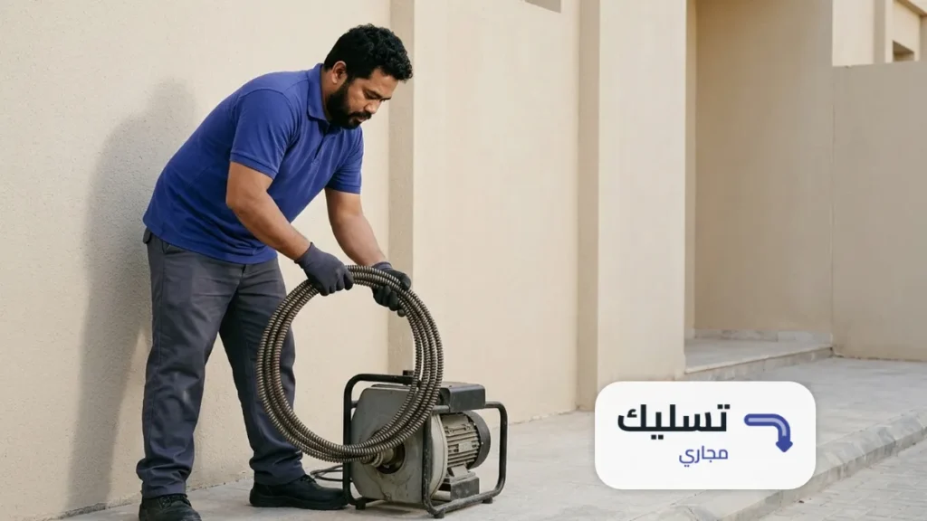 فني شركة تسليك مجاري بملهم يلفّ كيبل التسليك على المكنة بجانب جدار فيلا بعد انتهاء الشغل