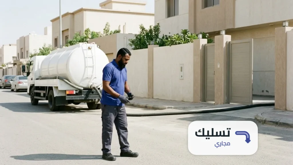 وايت شفط صرف صحي مع خرطوم الشفط ممدود نحو بوابة منزل، لخدمة شركة تسليك مجاري بالقطيف