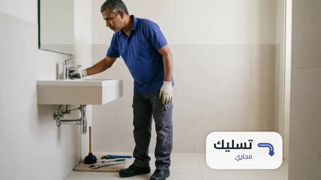 فني يتأكد من تصريف الماء في مغسلة حمام بعد التسليك ضمن خدمة شركة تسليك مجاري بالقويعية