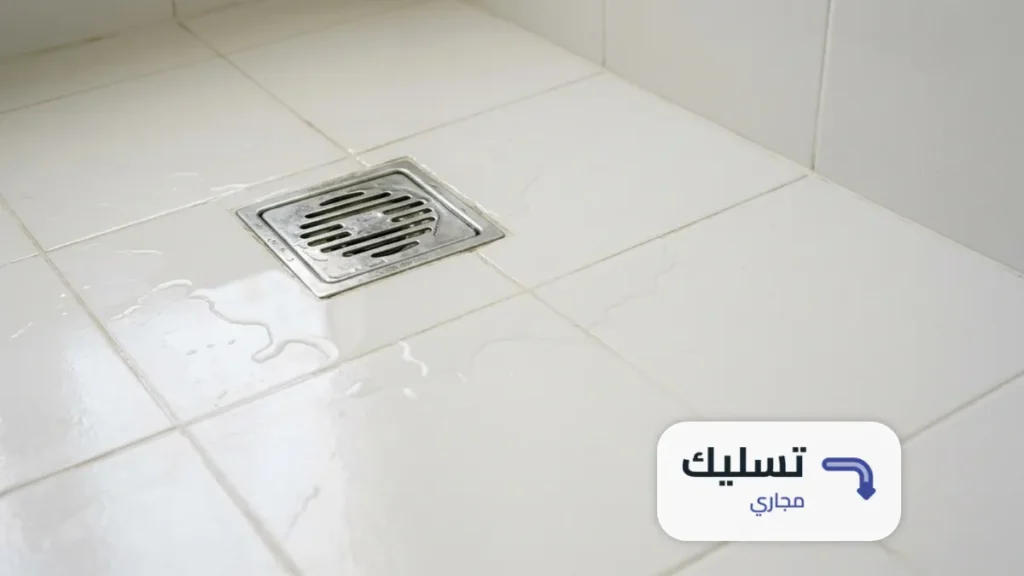 ماء واقف حول بالوعة أرضية في حمام ببلاط أبيض، من علامات انسداد المجاري