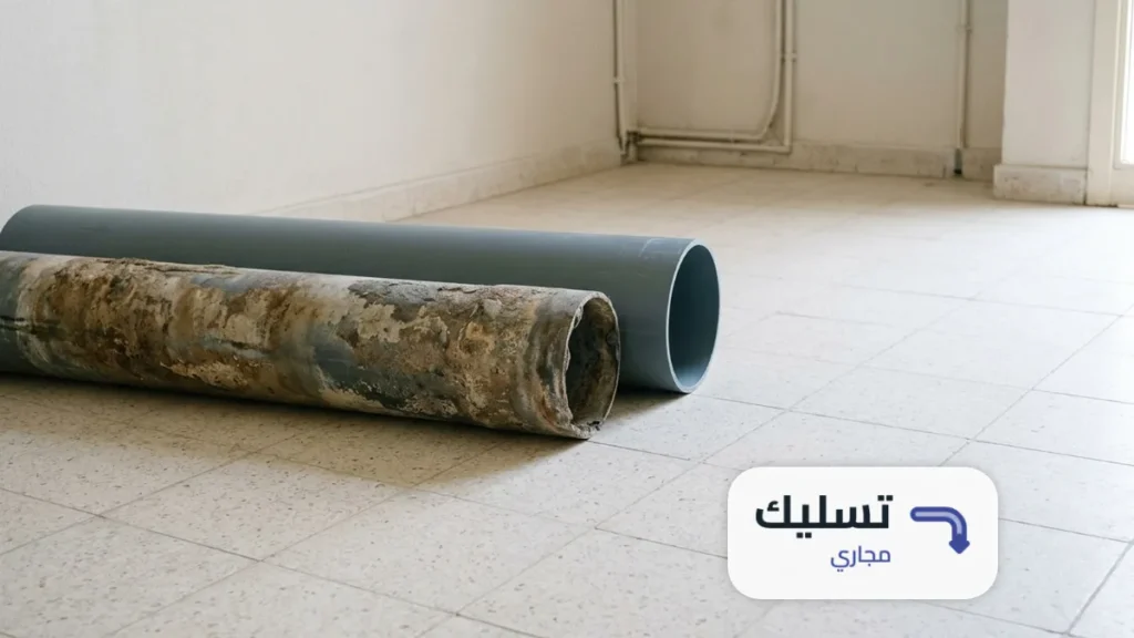 جزء ماسورة متضرر وجزء ماسورة جديد جنب بعض على أرضية بلاط يوضحان اضرار مواد تسليك المجاري