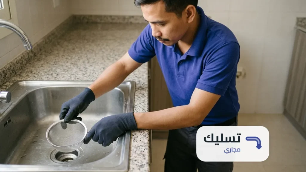 يد تضع مصفاة ناعمة على بالوعة حوض المطبخ لمنع اسباب انسداد المجاري