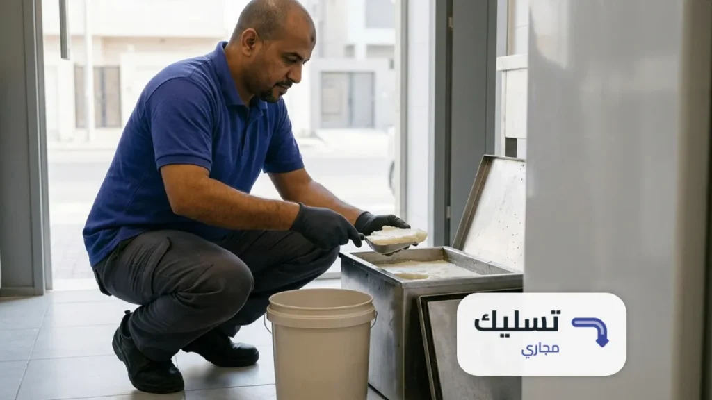 صندوق مصيدة الشحوم مفتوح الغطاء ومغرفة ترفع طبقة الدهن العلوية إلى سطل أثناء تنظيف مصيدة الشحوم