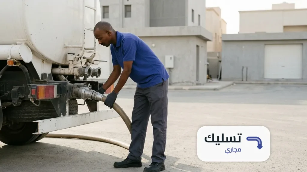 عامل يفحص قارن الخرطوم في خلف سيارة وايت قبل الشفط، وايت شفط صرف صحي بالدمام