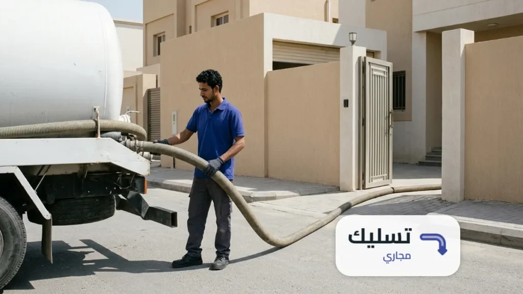 وايت شفط صرف صحي مع خرطوم ممدود نحو بوابة منزل، ضمن تسليك مجاري حي العارض