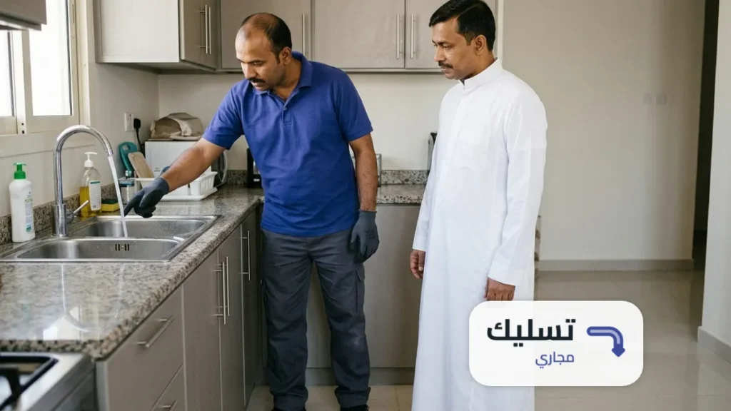 فني يشغّل صنبور المطبخ ويوري صاحب البيت الماء ينزل بعد تسليك مجاري حي العليا
