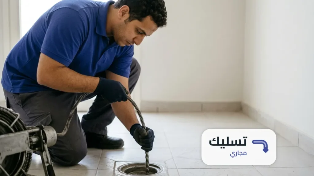 أيدي بقفازات توجّه كيبل التسليك داخل بلاعة أرضية أثناء تسليك مجاري حي الازدهار