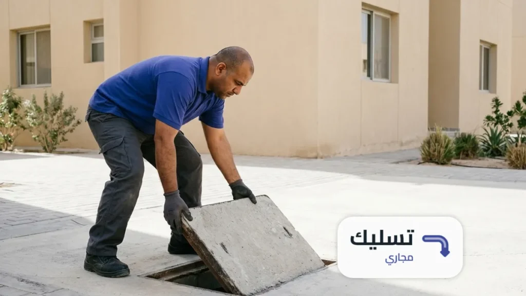 فني يرجّع الغطاء على غرفة تفتيش خارجية بعد انتهاء تسليك مجاري حي البديعة