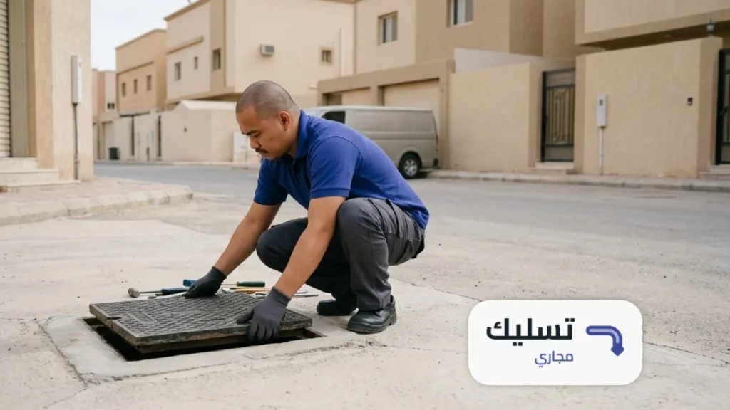 فني يرجّع غطاء غرفة تفتيش خارجية بعد تسليك مجاري حي البيان