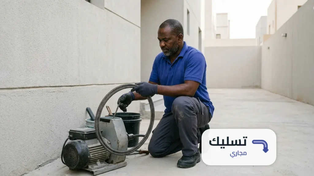 فني يلمّ كيبل السوستة على الجهاز بعد تسليك مجاري حي الجنادرية
