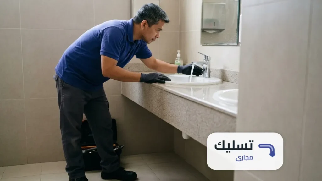 فني يفحص تصريف مغسلة الحمام بعد تسليك مجاري حي الملك فيصل