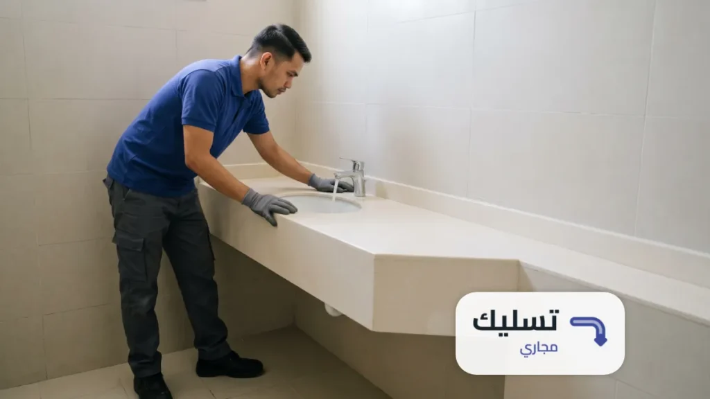 فني يتأكد من سحب الماء في حوض الحمام بعد تسليك مجاري حي الملز