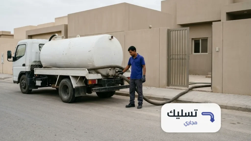 وايت شفط صرف صحي وخرطوم الشفط ممدود نحو بوابة بيت ضمن خدمة تسليك مجاري حي المربع