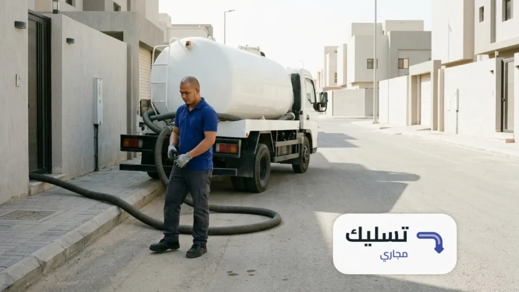 وايت شفط صرف صحي بخرطوم ممدود نحو بوابة بيت ضمن تسليك مجاري حي المرسلات