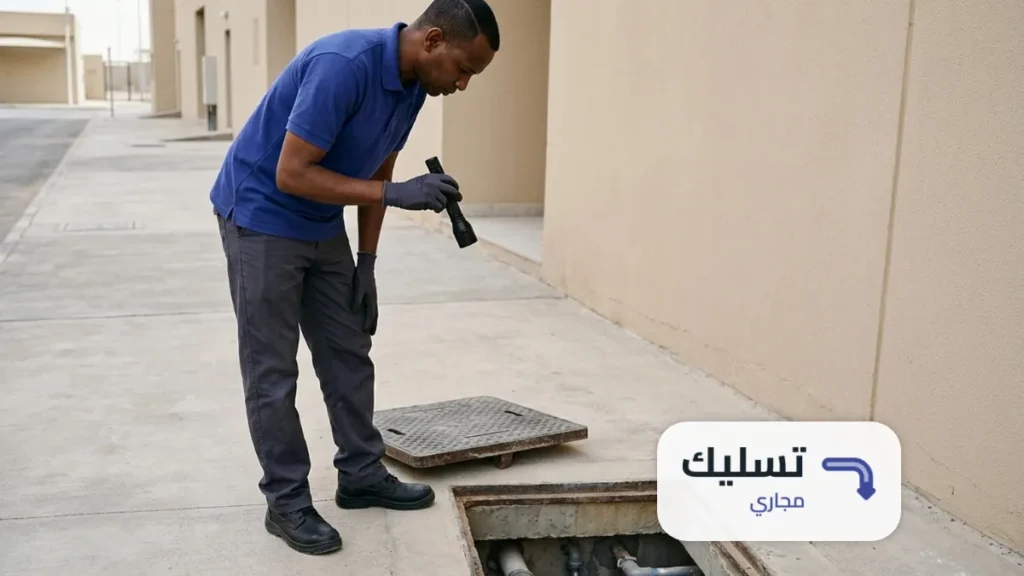 فني يضيء بالكشاف داخل غرفة التفتيش أثناء تسليك مجاري حي المروج