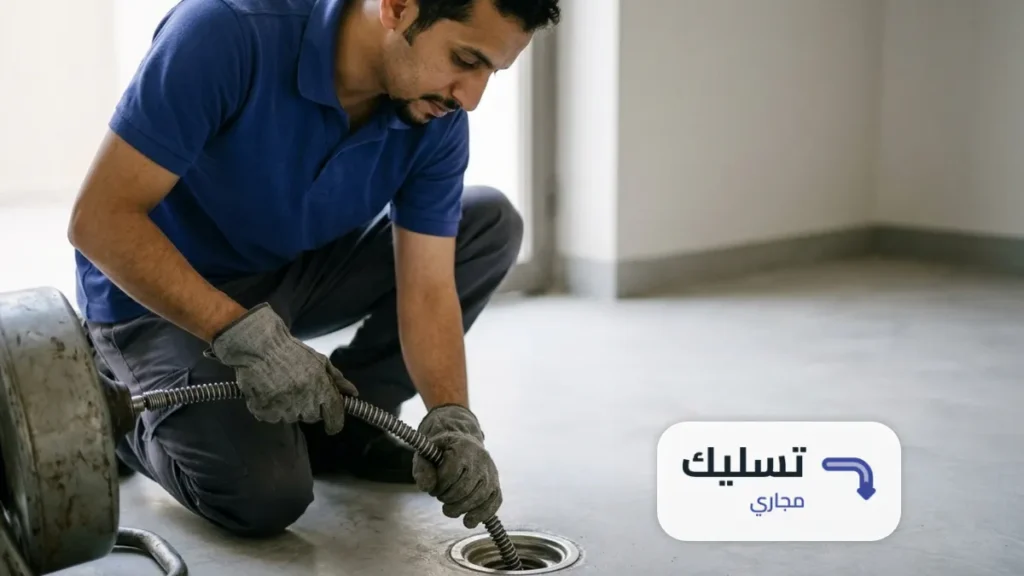 أيدي لابسة قفازات توجّه سلك التسليك داخل مصرف أرضية ضمن خدمة تسليك مجاري حي المصيف