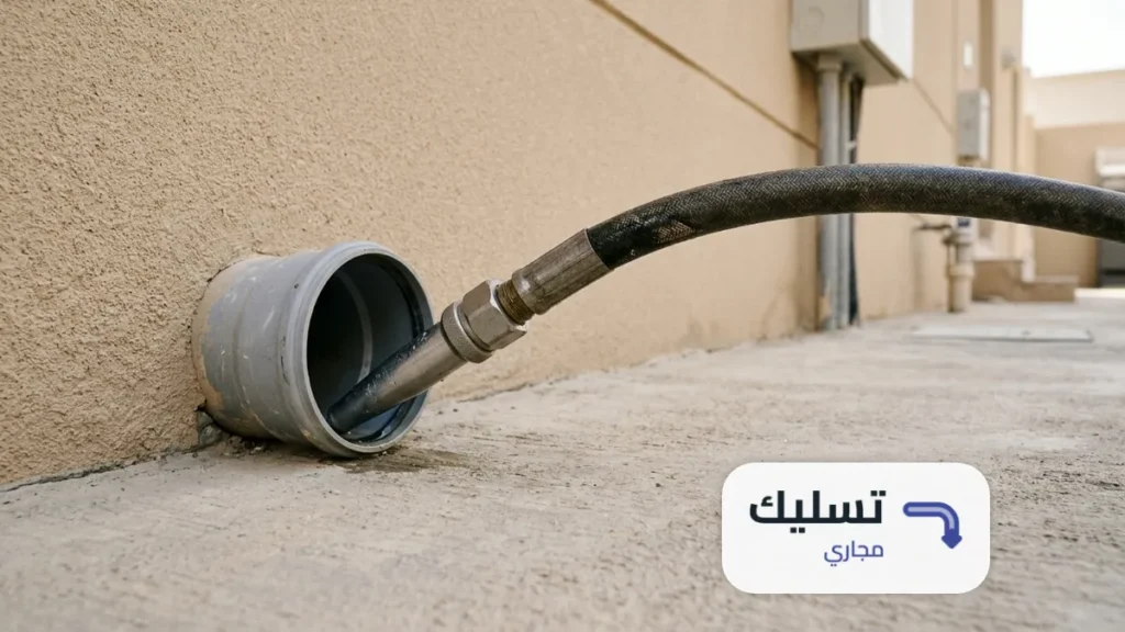 خرطوم الضغط يدخل فتحة الماسورة في تسليك مجاري حي النسيم