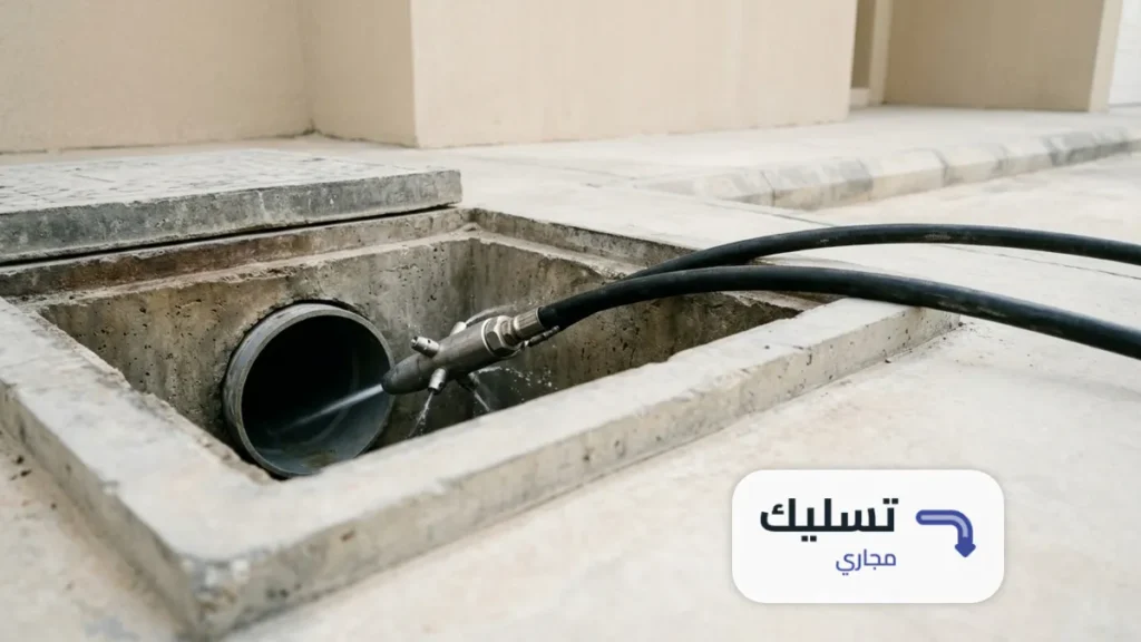 فوهة تسليك بالضغط تدخل فتحة ماسورة أثناء تسليك مجاري حي الرمال
