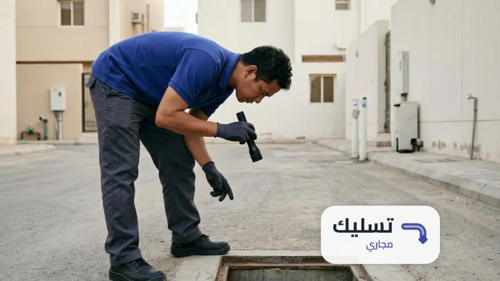 فني يسلط كشاف داخل غرفة تفتيش قبل تسليك مجاري حي السليمانية