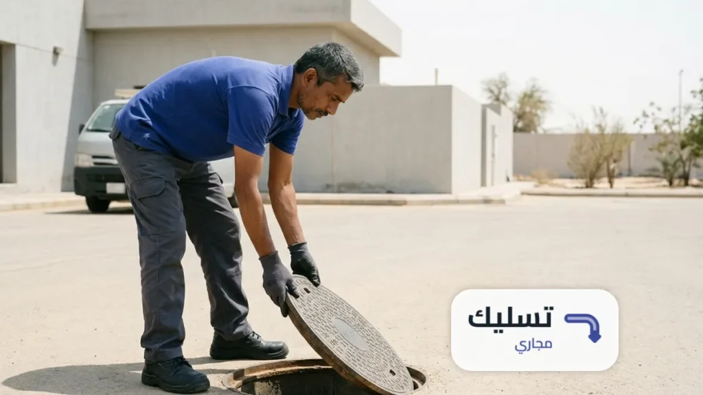 فني يرجّع غطاء غرفة التفتيش الخارجية بعد انتهاء تسليك مجاري حي الوادي