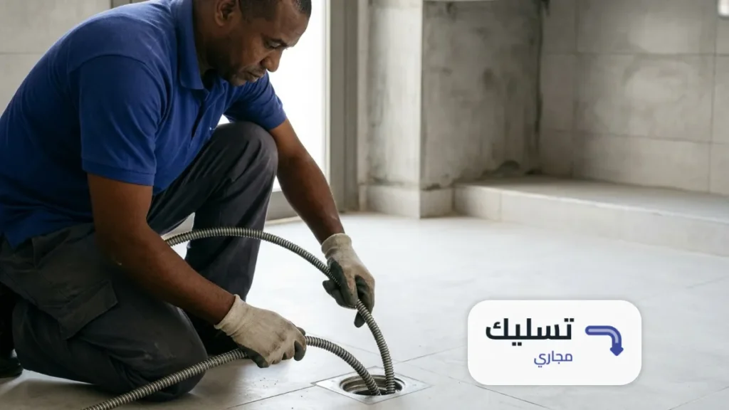 يدين بقفازات توجّه كيبل التسليك داخل بلاعة الأرضية أثناء تسليك مجاري حي عرقة