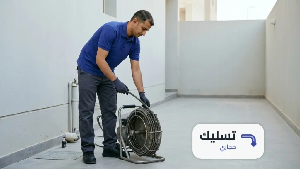 فني يلف كيبل التسليك على الجهاز بعد تسليك مجاري حي غرناطة