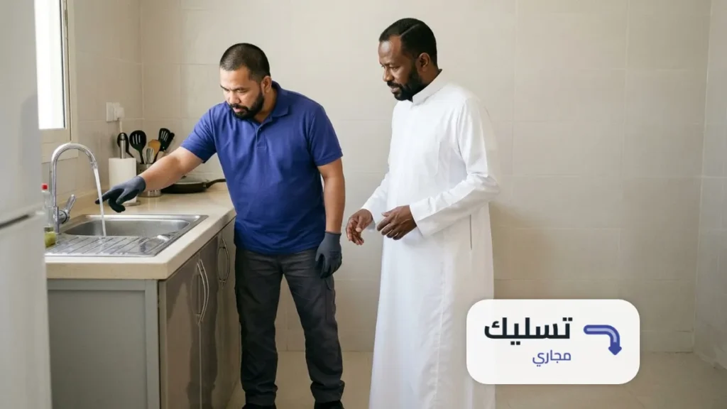 فني يشغّل حنفية المطبخ ويوري صاحب البيت الماء يسحب بعد تسليك مجاري حي قرطبة