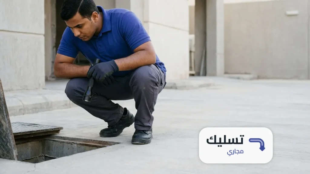 فني يسلّط كشافاً داخل غرفة تفتيش أثناء تسليك مجاري حي سلطانة